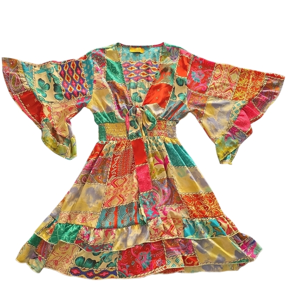 Tipsy Gipsy Colorful Patchwork Boho Tie-Front Mini Dress Size M - Picture 4 of 13